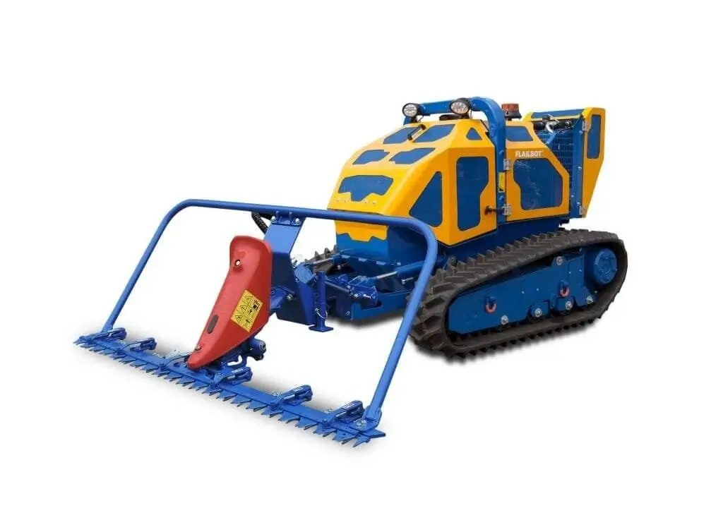Bomford Flailbot trencher attachment on white background.
