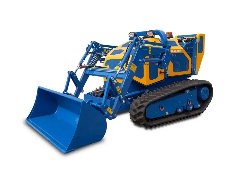 Bomford Flailbot front end loader attachment on white background.
