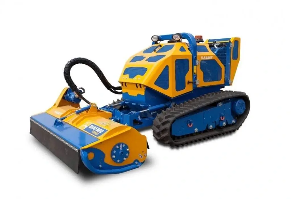 Bomford Flailbot Standard remote‑controlled tracked mower with front flail attachment on white background.