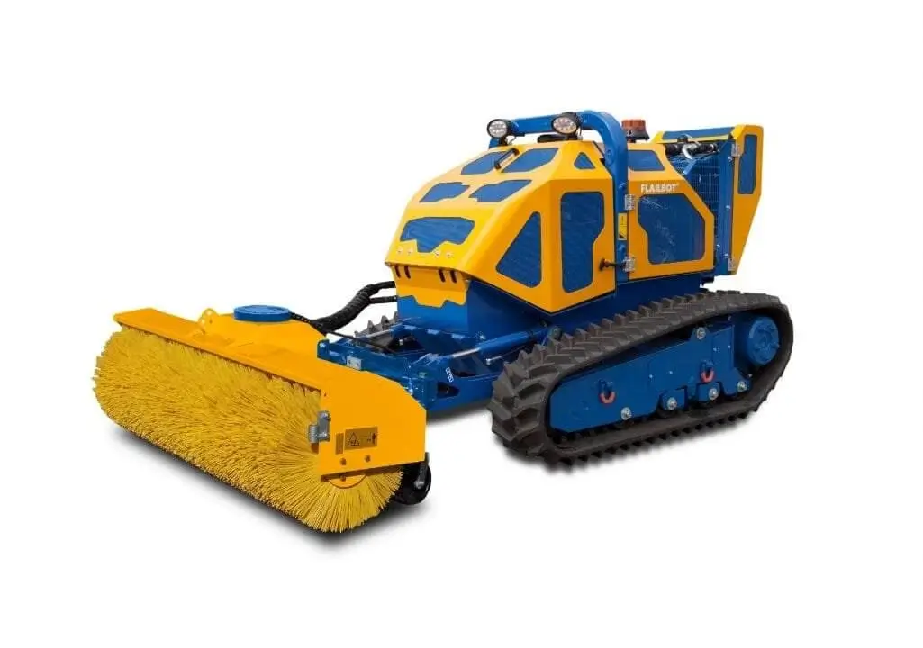 Bomford Flailbot sweeper brush attachment on white background.