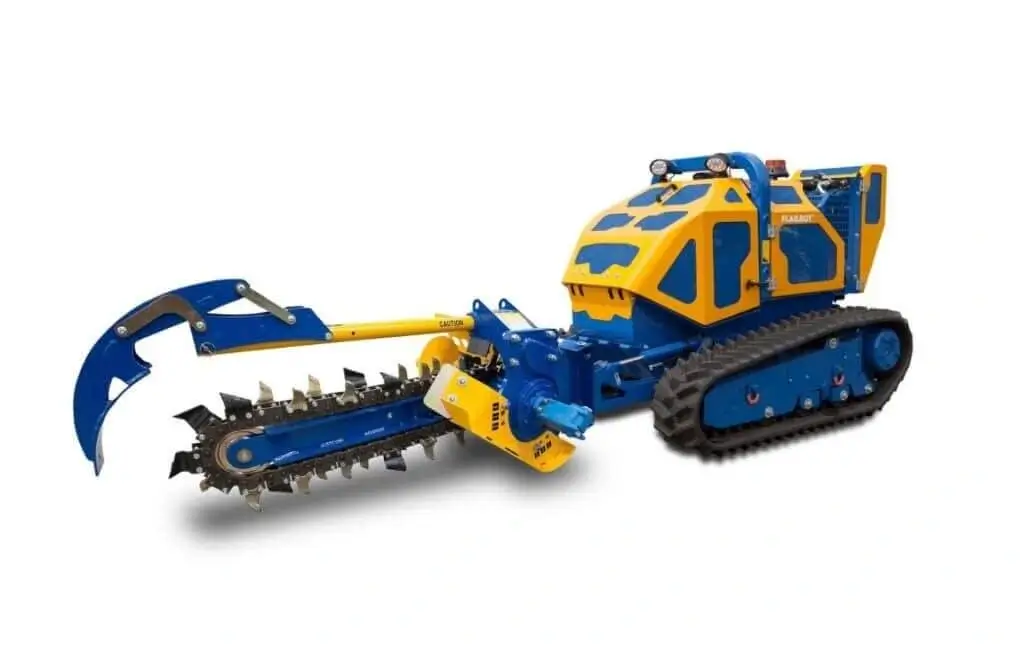 Bomford Flailbot trencher attachment on white background.