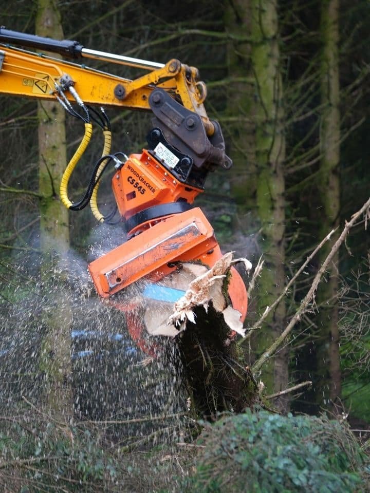 Excavator-mounted Woodcracker CS545 cutting through a tree trunk in a forest, with wood chips flying