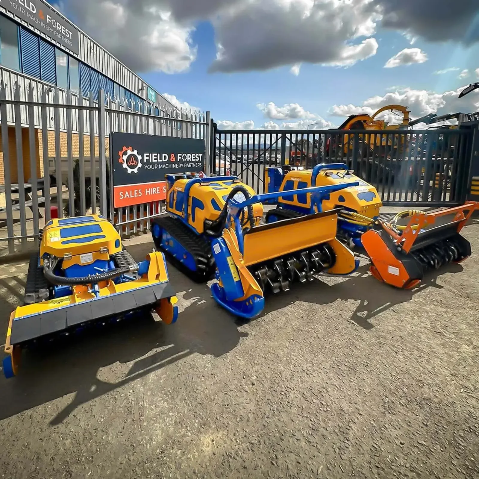 Three Bomford Turner Flailbots with mulching attachments at Field & Forest Machinery
